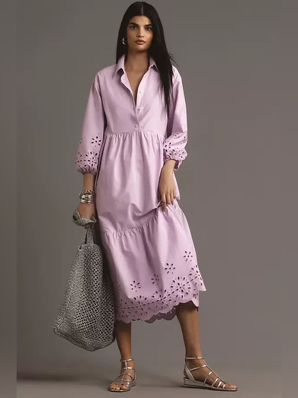 Anthropologie Bettina Lavender Eyelet Tiered Button-Front Dress